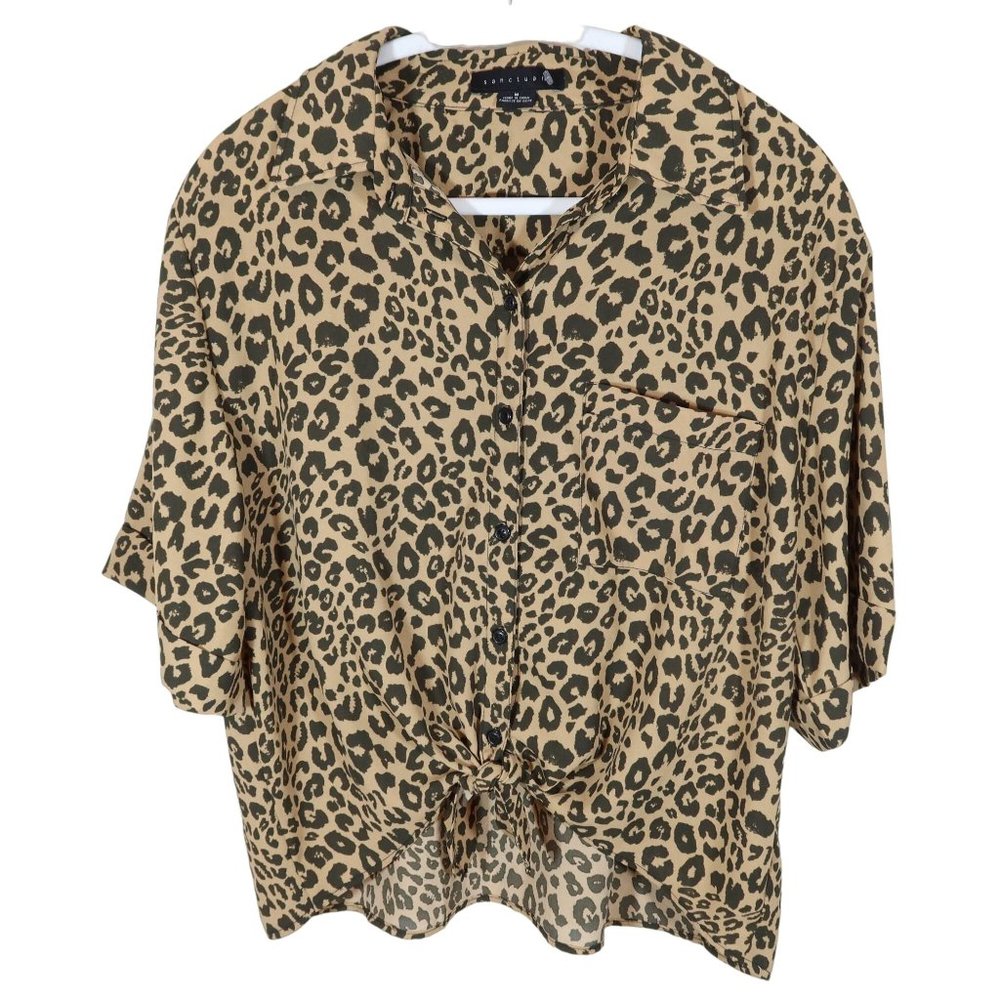 SANCTUARY Leopard Print Button Up Tie Front Boxy Short Sleeve Blouse Top Size M